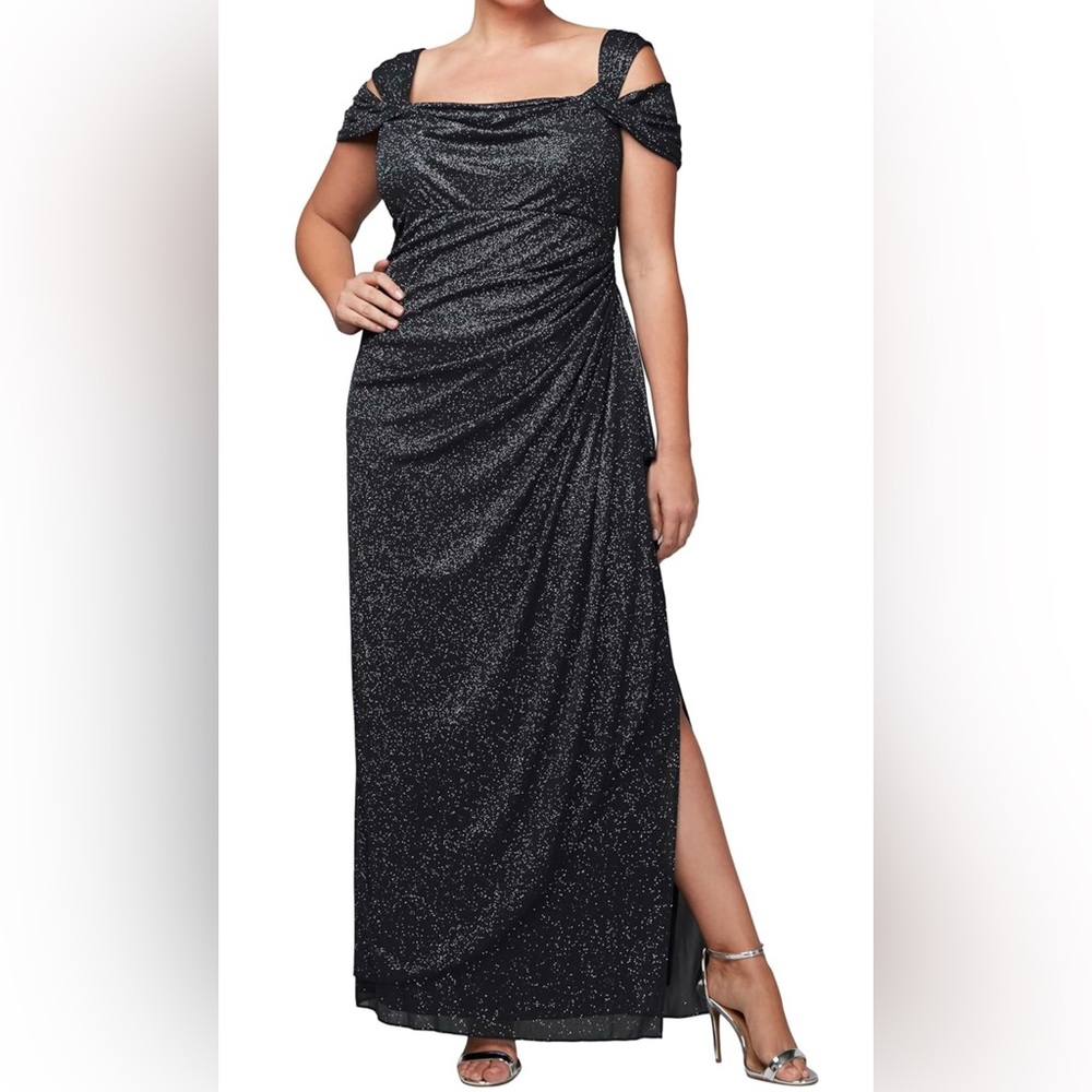 Alex Evenings black glitter long cold-shoulder dress